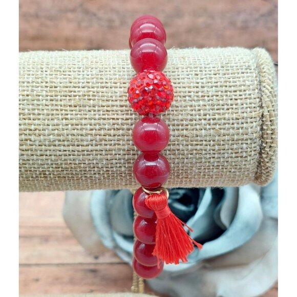 One Size Red Glass Bead & Gold Tone Slide Bracelet Tassel Shamballa MINT - Picture 7 of 11